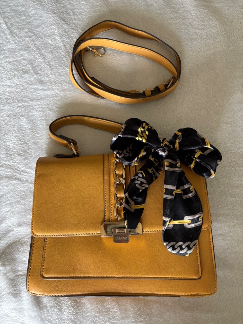 Aldo Mustard Yellow Structured Crossbody with Scarf Accent